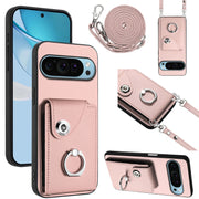 For Google Pixel 9 / 9 Pro Organ Card Bag Ring Holder Phone Case with Long Lanyard(Pink)