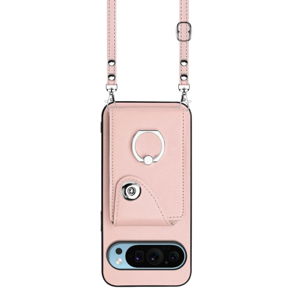 For Google Pixel 9 / 9 Pro Organ Card Bag Ring Holder Phone Case with Long Lanyard(Pink)