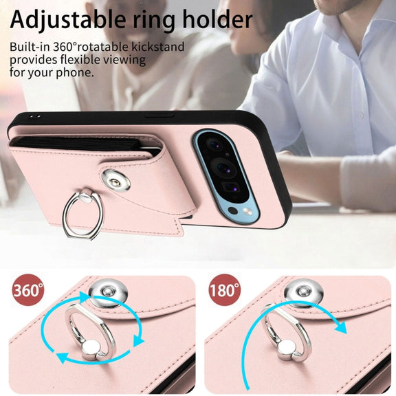 For Google Pixel 9 / 9 Pro Organ Card Bag Ring Holder Phone Case with Long Lanyard(Pink)