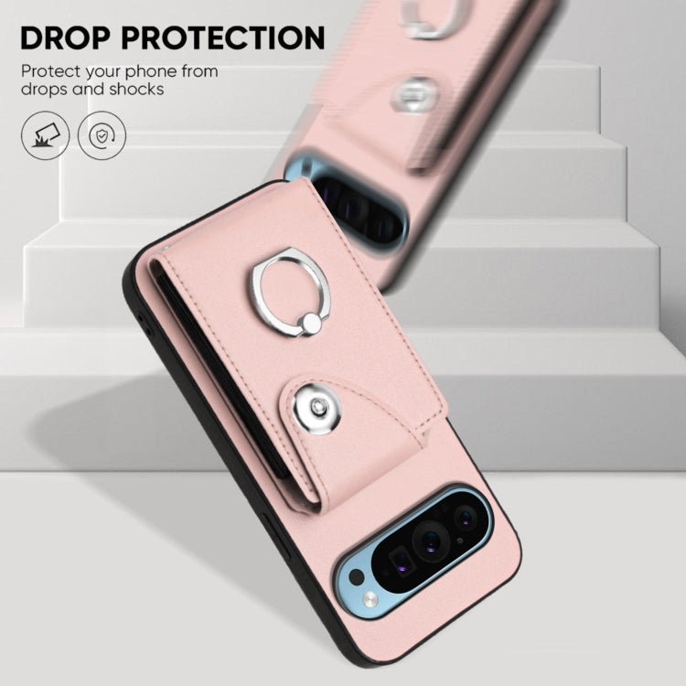 For Google Pixel 9 / 9 Pro Organ Card Bag Ring Holder Phone Case with Long Lanyard(Pink)