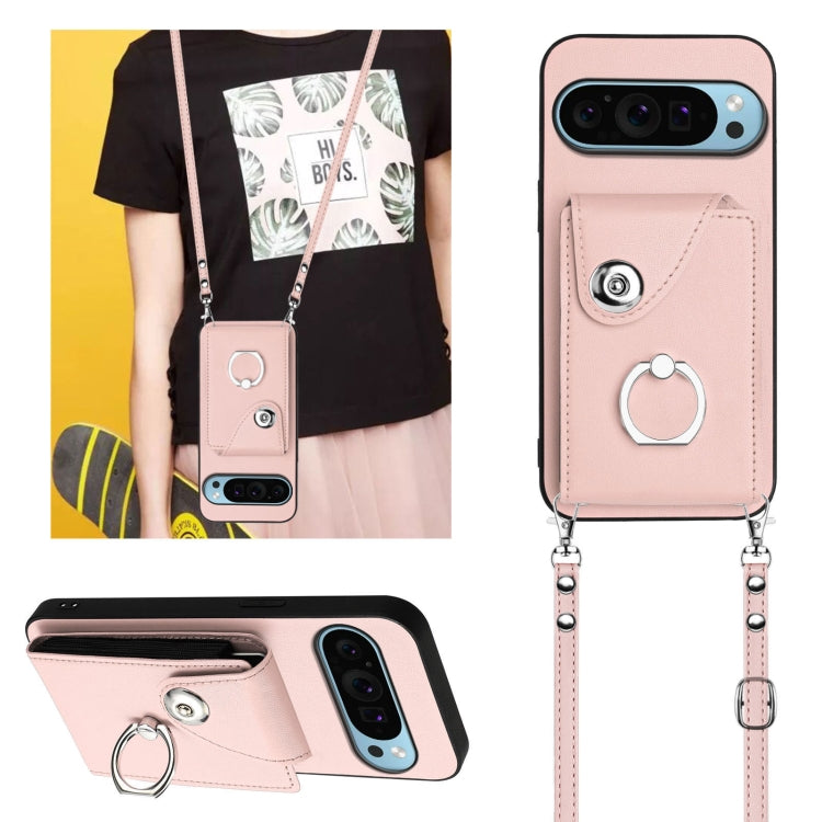 For Google Pixel 9 / 9 Pro Organ Card Bag Ring Holder Phone Case with Long Lanyard(Pink)