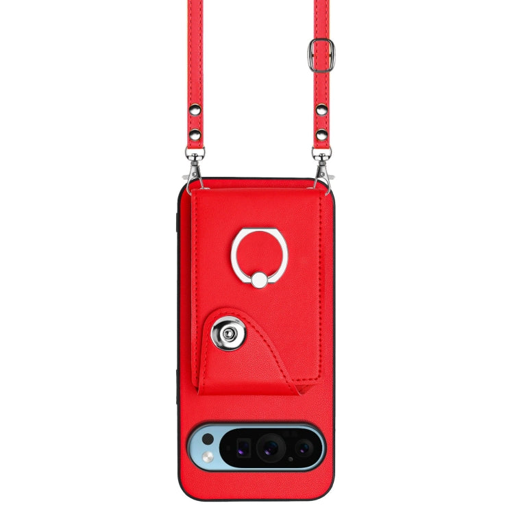 For Google Pixel 9 / 9 Pro Organ Card Bag Ring Holder Phone Case with Long Lanyard(Red)