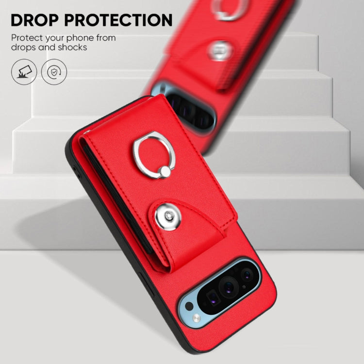 For Google Pixel 9 / 9 Pro Organ Card Bag Ring Holder Phone Case with Long Lanyard(Red)