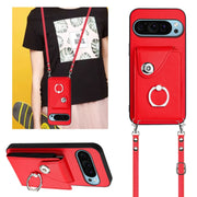 For Google Pixel 9 / 9 Pro Organ Card Bag Ring Holder Phone Case with Long Lanyard(Red)