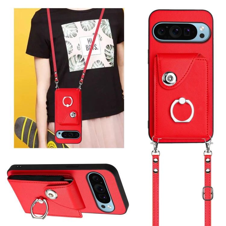 For Google Pixel 9 / 9 Pro Organ Card Bag Ring Holder Phone Case with Long Lanyard(Red)