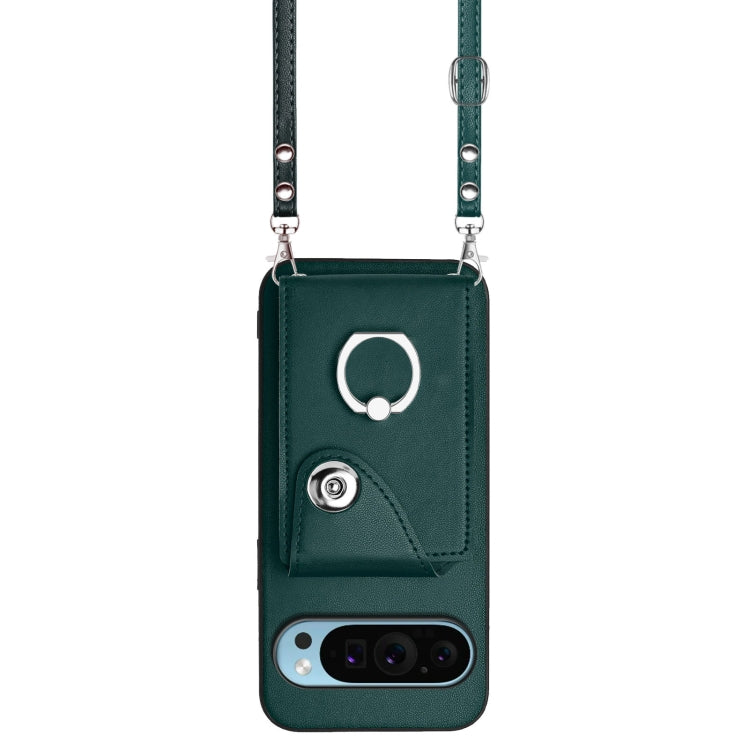 For Google Pixel 9 / 9 Pro Organ Card Bag Ring Holder Phone Case with Long Lanyard(Green)