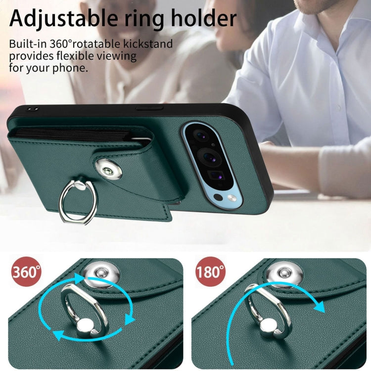 For Google Pixel 9 / 9 Pro Organ Card Bag Ring Holder Phone Case with Long Lanyard(Green)