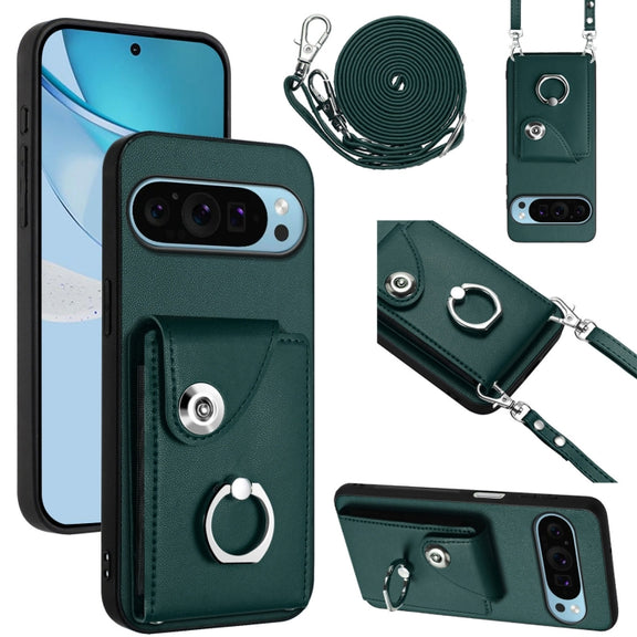 For Google Pixel 9 / 9 Pro Organ Card Bag Ring Holder Phone Case with Long Lanyard(Green)