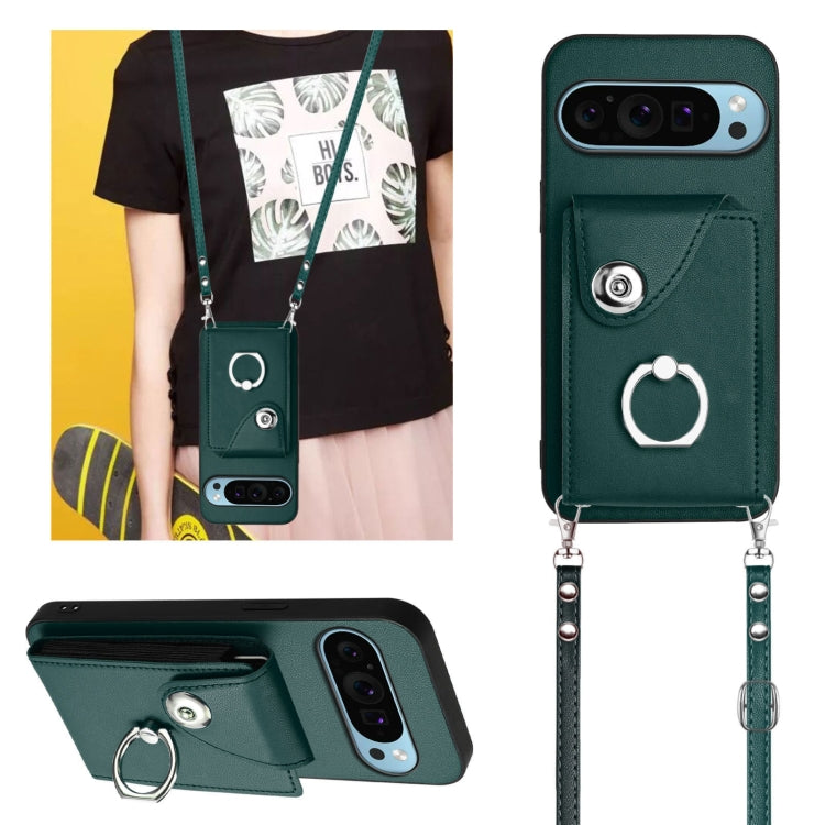 For Google Pixel 9 / 9 Pro Organ Card Bag Ring Holder Phone Case with Long Lanyard(Green)
