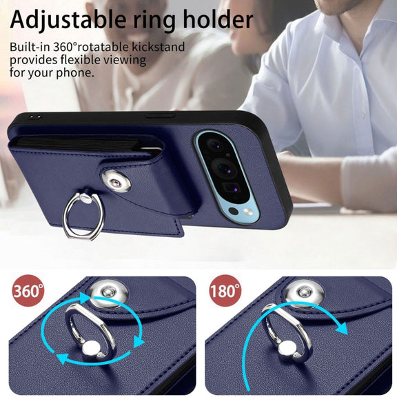 For Google Pixel 9 Pro XL Organ Card Bag Ring Holder Phone Case with Long Lanyard(Blue)
