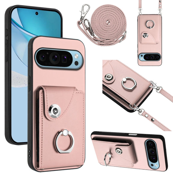 For Google Pixel 9 Pro XL Organ Card Bag Ring Holder Phone Case with Long Lanyard(Pink)