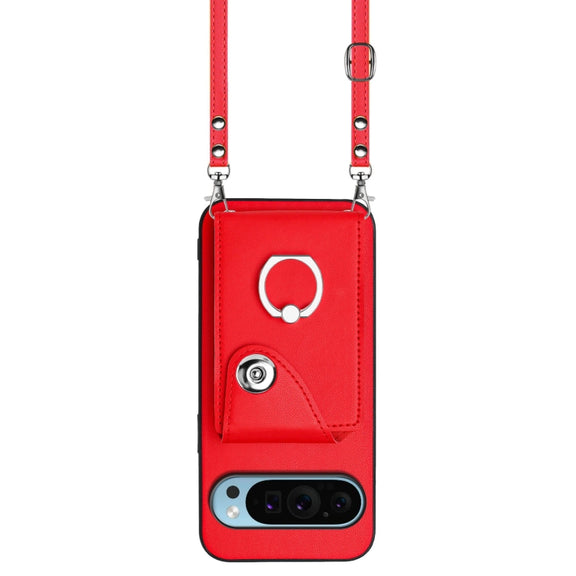 For Google Pixel 9 Pro XL Organ Card Bag Ring Holder Phone Case with Long Lanyard(Red)