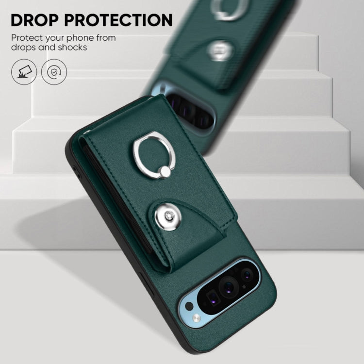 For Google Pixel 9 Pro XL Organ Card Bag Ring Holder Phone Case with Long Lanyard(Green)