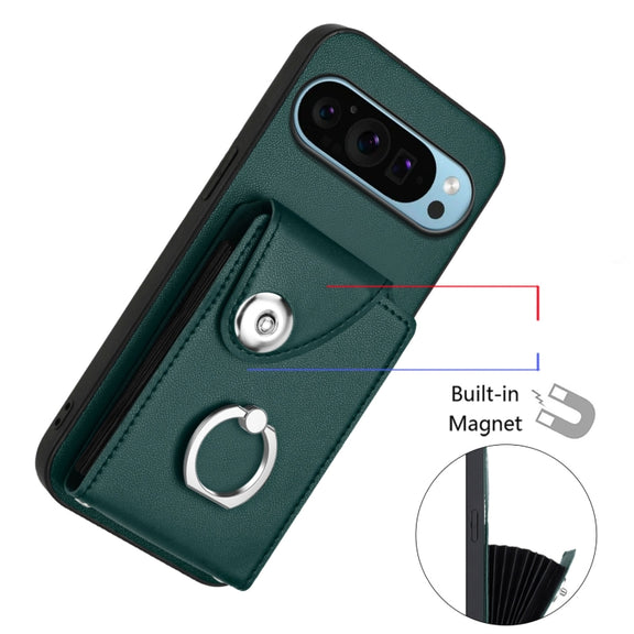 For Google Pixel 9 Pro XL Organ Card Bag Ring Holder Phone Case with Long Lanyard(Green)
