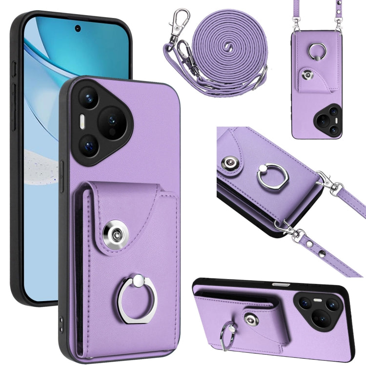 For Huawei Pura 70 Organ Card Bag Ring Holder Phone Case with Long Lanyard(Purple)