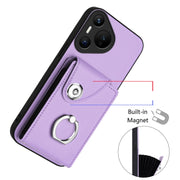 For Huawei Pura 70 Organ Card Bag Ring Holder Phone Case with Long Lanyard(Purple)