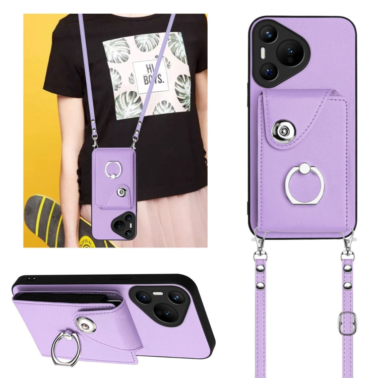For Huawei Pura 70 Organ Card Bag Ring Holder Phone Case with Long Lanyard(Purple)