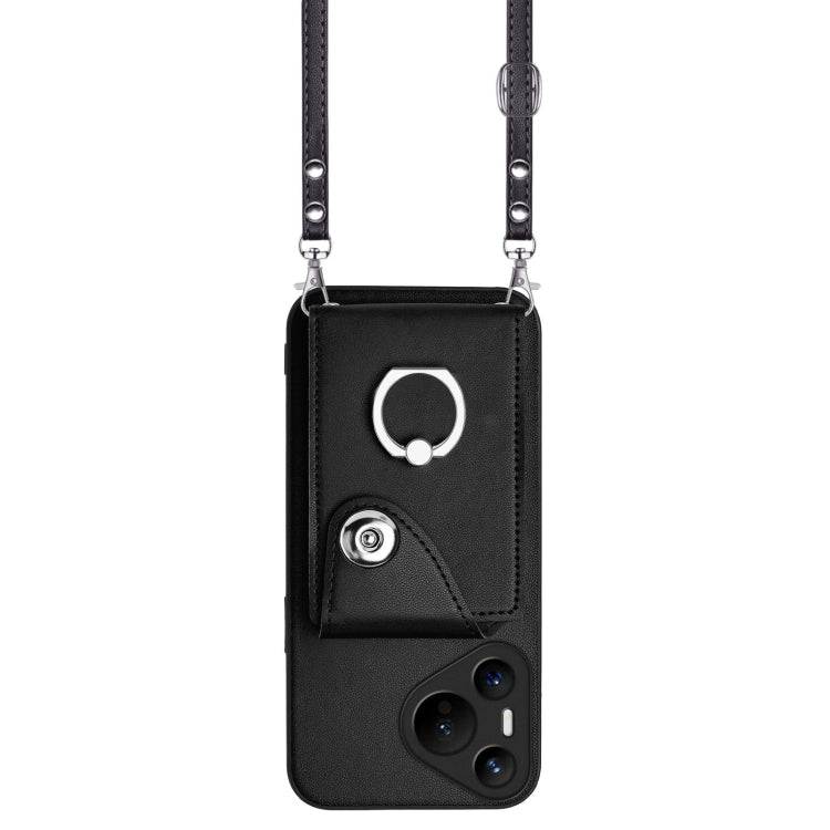 For Huawei Pura 70 Organ Card Bag Ring Holder Phone Case with Long Lanyard(Black)