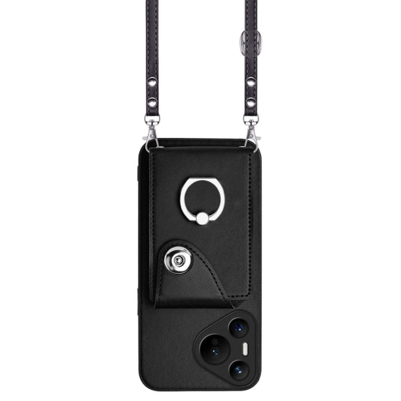 For Huawei Pura 70 Organ Card Bag Ring Holder Phone Case with Long Lanyard(Black)