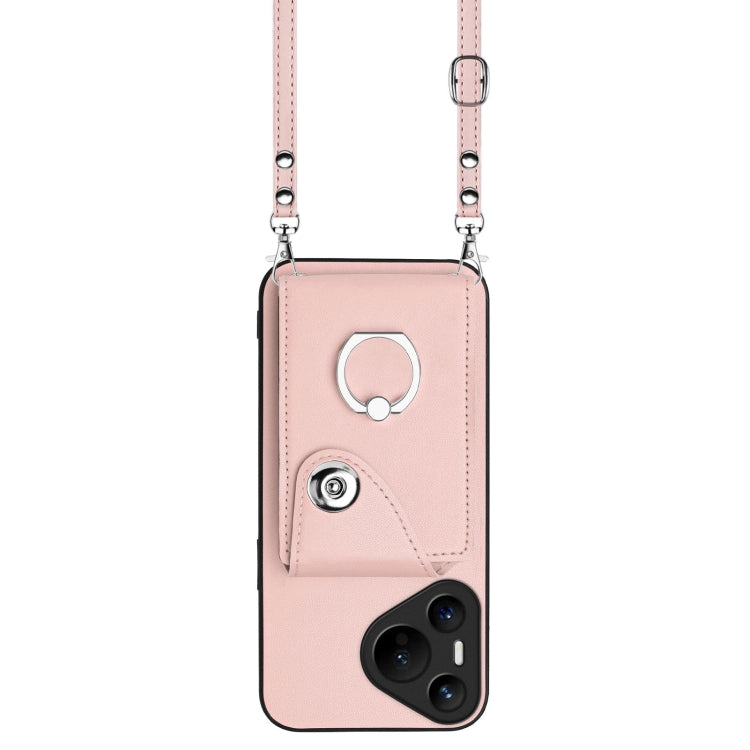 For Huawei Pura 70 Organ Card Bag Ring Holder Phone Case with Long Lanyard(Pink)