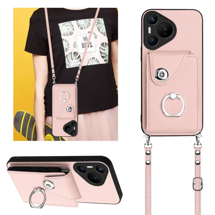 For Huawei Pura 70 Organ Card Bag Ring Holder Phone Case with Long Lanyard(Pink)