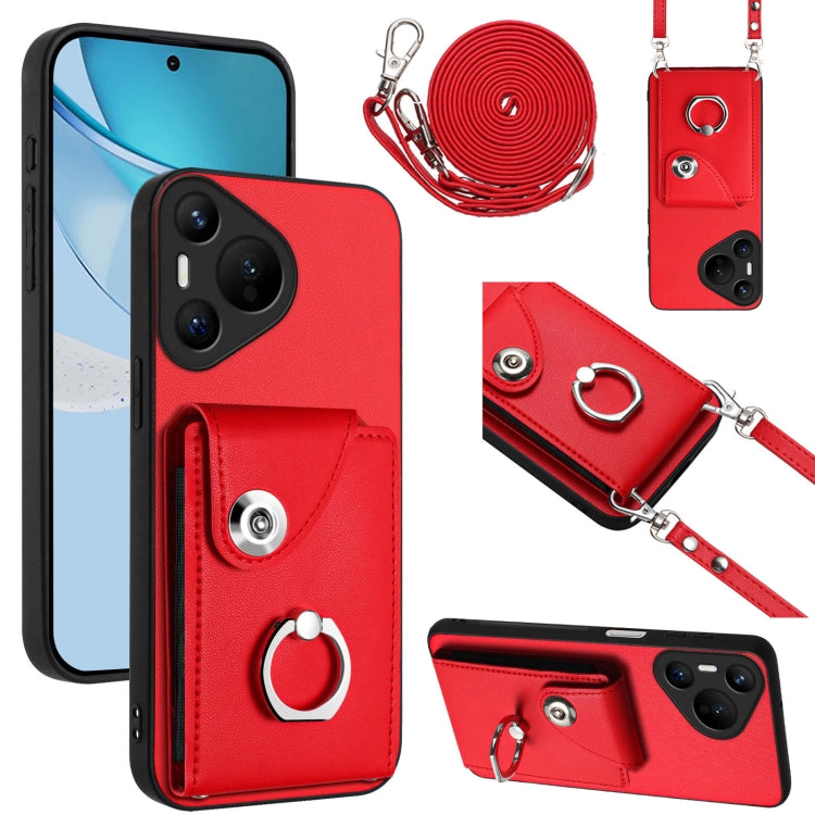 For Huawei Pura 70 Organ Card Bag Ring Holder Phone Case with Long Lanyard(Red)