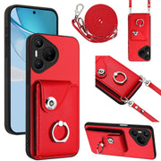 For Huawei Pura 70 Organ Card Bag Ring Holder Phone Case with Long Lanyard(Red)