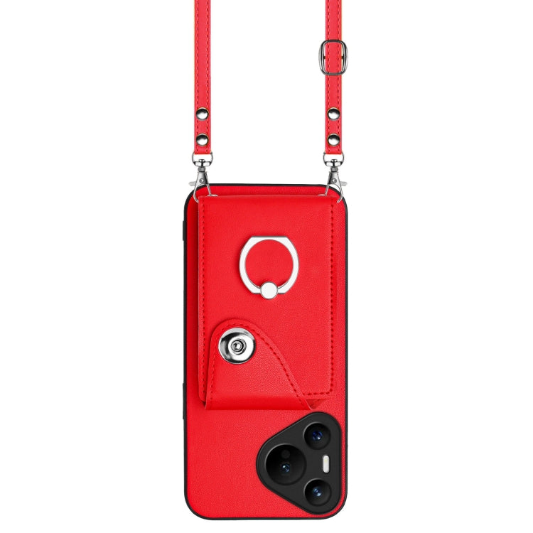 For Huawei Pura 70 Organ Card Bag Ring Holder Phone Case with Long Lanyard(Red)