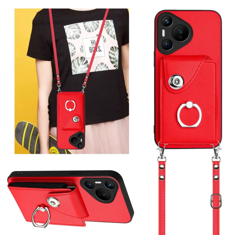 For Huawei Pura 70 Organ Card Bag Ring Holder Phone Case with Long Lanyard(Red)