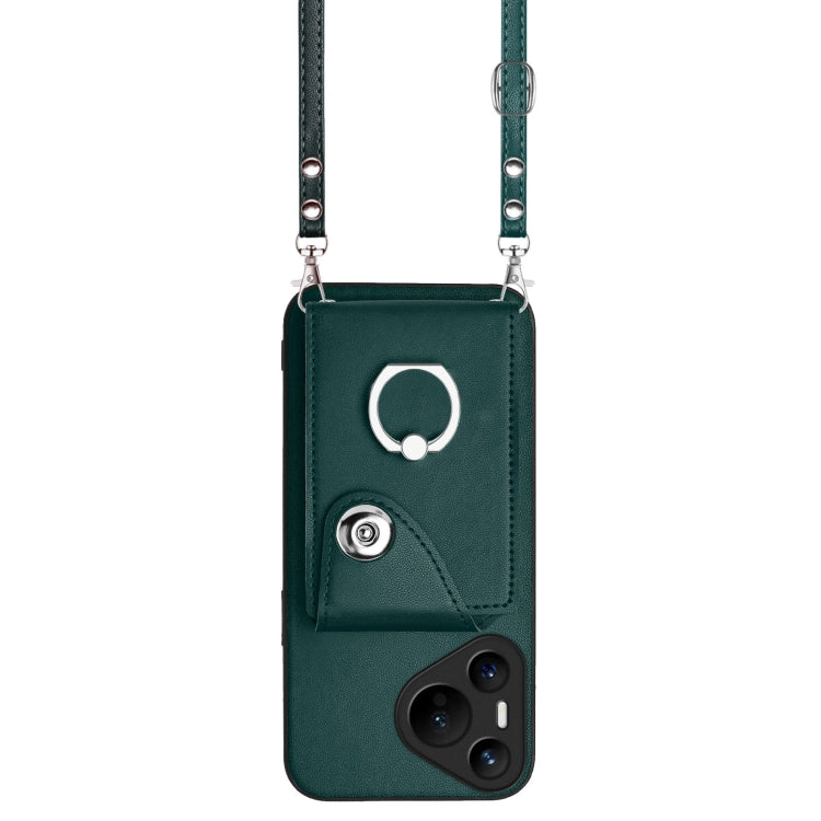For Huawei Pura 70 Organ Card Bag Ring Holder Phone Case with Long Lanyard(Green)
