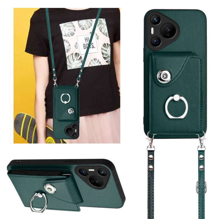 For Huawei Pura 70 Organ Card Bag Ring Holder Phone Case with Long Lanyard(Green)