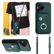 For Huawei Pura 70 Organ Card Bag Ring Holder Phone Case with Long Lanyard(Green)