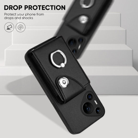 For Huawei Pura 70 Pro / 70 Pro+ Organ Card Bag Ring Holder Phone Case with Long Lanyard(Black)
