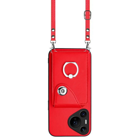 For Huawei Pura 70 Pro / 70 Pro+ Organ Card Bag Ring Holder Phone Case with Long Lanyard(Red)