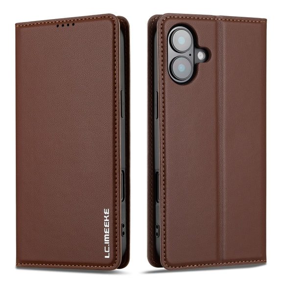 For iPhone 16 Plus LC.IMEEKE L1 Series Frosted Fine Texture PU Phone Case(Brown)