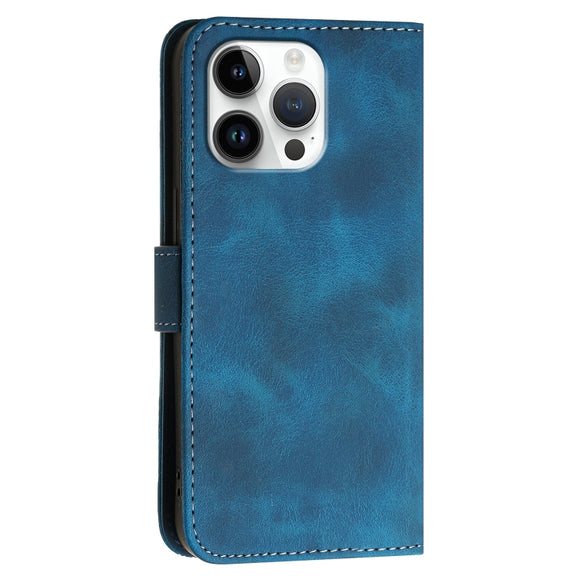 For iPhone 16 Pro Max YX0080 Grid Butterfly Embossed Pattern Flip Leather Phone Case with Lanyard(Dark Blue)
