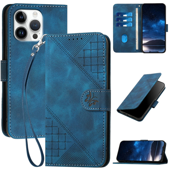 For iPhone 16 Pro Max YX0080 Grid Butterfly Embossed Pattern Flip Leather Phone Case with Lanyard(Dark Blue)