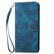 For iPhone 16 Plus YX0080 Grid Butterfly Embossed Pattern Flip Leather Phone Case with Lanyard(Dark Blue)