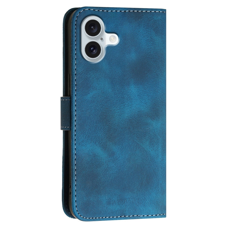 For iPhone 16 Plus YX0080 Grid Butterfly Embossed Pattern Flip Leather Phone Case with Lanyard(Dark Blue)