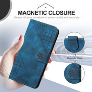 For iPhone 16 Plus YX0080 Grid Butterfly Embossed Pattern Flip Leather Phone Case with Lanyard(Dark Blue)