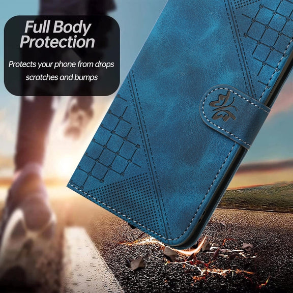 For iPhone 16 Plus YX0080 Grid Butterfly Embossed Pattern Flip Leather Phone Case with Lanyard(Dark Blue)