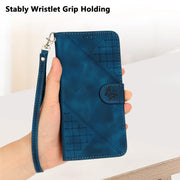 For iPhone 16 Plus YX0080 Grid Butterfly Embossed Pattern Flip Leather Phone Case with Lanyard(Dark Blue)