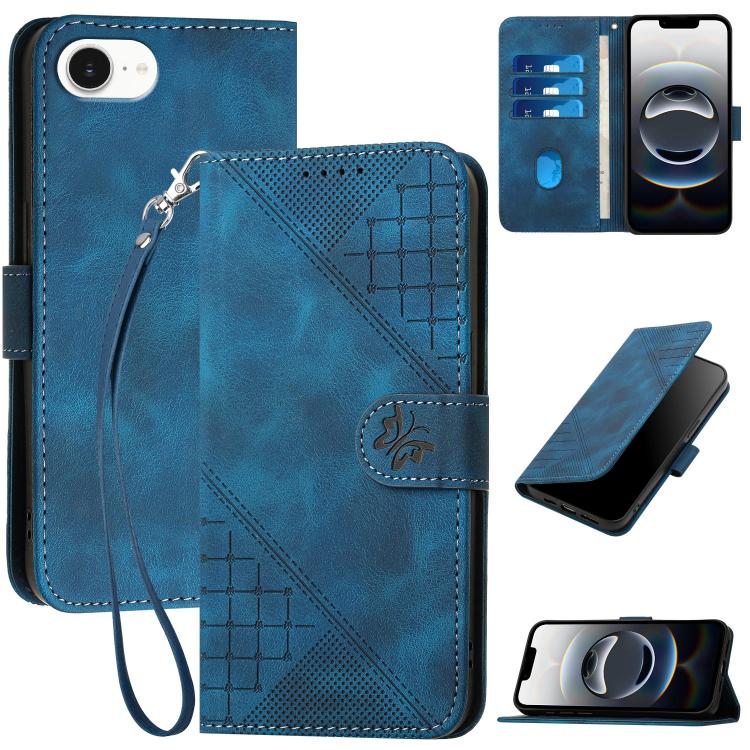 For iPhone 16e YX0080 Grid Butterfly Embossed Pattern Flip Leather Phone Case with Lanyard(Dark Blue)