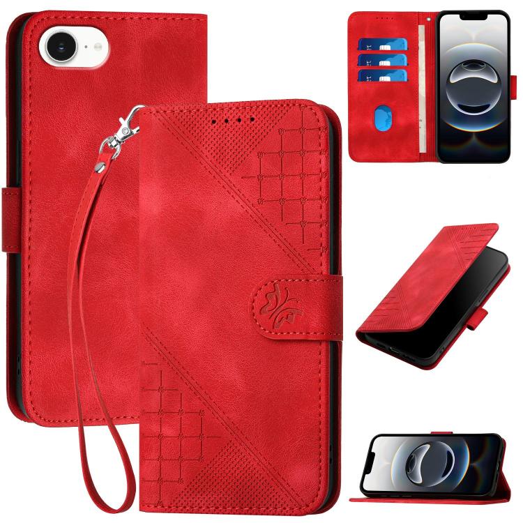 For iPhone 16e YX0080 Grid Butterfly Embossed Pattern Flip Leather Phone Case with Lanyard(Red)