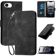 For iPhone 16e YX0080 Grid Butterfly Embossed Pattern Flip Leather Phone Case with Lanyard(Black)