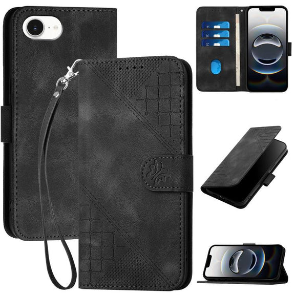 For iPhone 16e YX0080 Grid Butterfly Embossed Pattern Flip Leather Phone Case with Lanyard(Black)