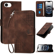 For iPhone 16e YX0080 Grid Butterfly Embossed Pattern Flip Leather Phone Case with Lanyard(Coffee)