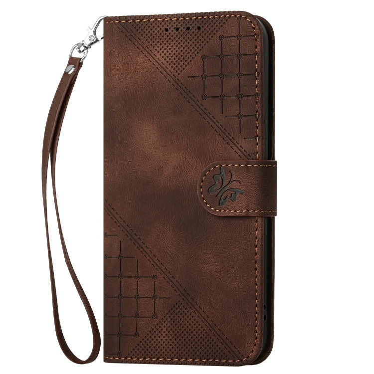 For iPhone 16e YX0080 Grid Butterfly Embossed Pattern Flip Leather Phone Case with Lanyard(Coffee)