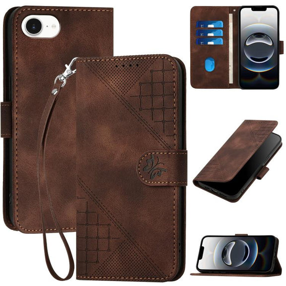 For iPhone 16e YX0080 Grid Butterfly Embossed Pattern Flip Leather Phone Case with Lanyard(Coffee)