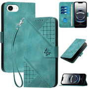 For iPhone 16e YX0080 Grid Butterfly Embossed Pattern Flip Leather Phone Case with Lanyard(Light Blue)